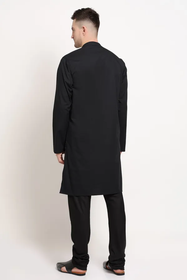 Black_Cotton_Linear_Crest_Kurta_With_Horizontal_Stripe_Accent_For_Men