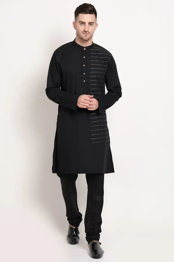 Black_Cotton_Linear_Crest_Kurta_With_Horizontal_Stripe_Accent_For_Men