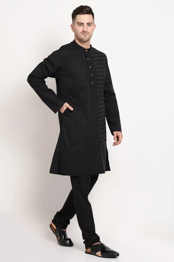 Black_Cotton_Linear_Crest_Kurta_With_Horizontal_Stripe_Accent_For_Men