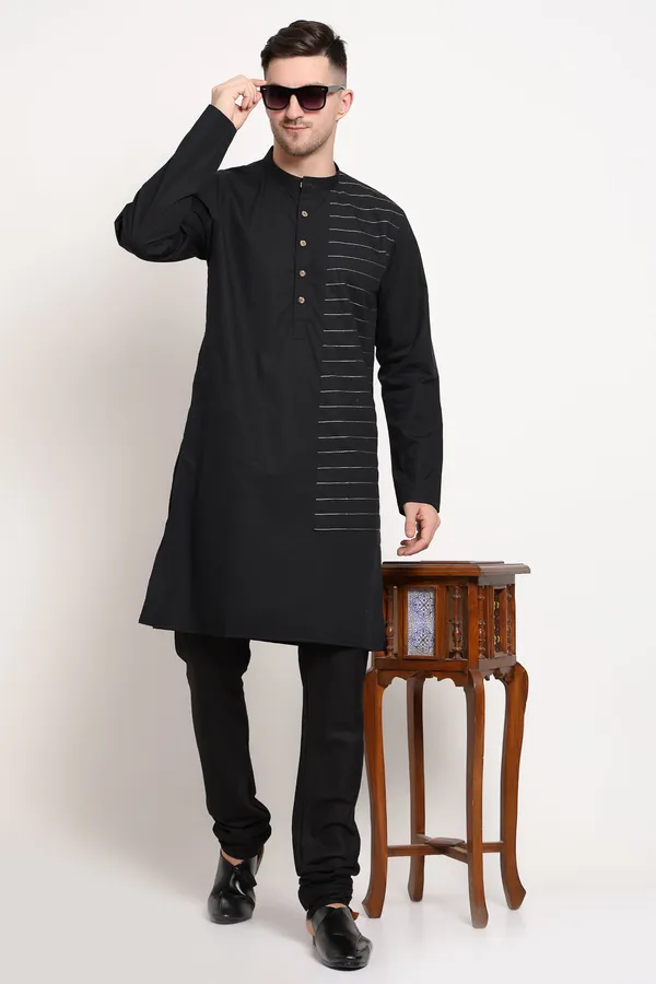 Black_Cotton_Linear_Crest_Kurta_With_Horizontal_Stripe_Accent_For_Men