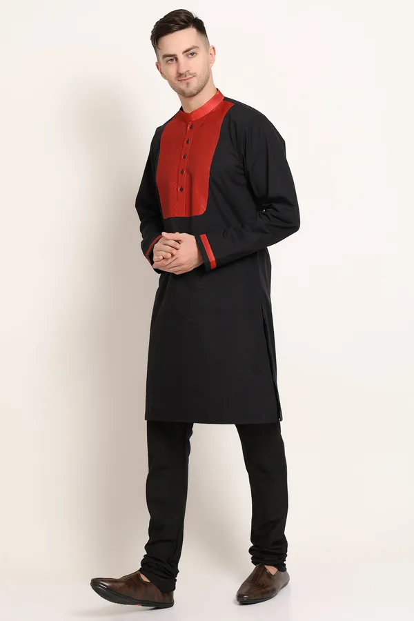 Black_Cotton_Blend_Base_With_Red_Textured_Detail_Kurta_For_Men
