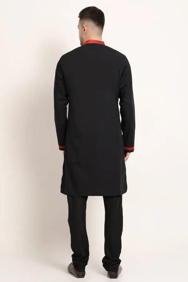 Black_Cotton_Blend_Base_With_Red_Textured_Detail_Kurta_For_Men
