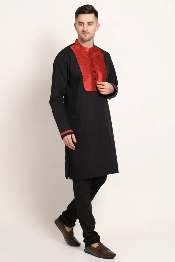 Black_Cotton_Blend_Base_With_Red_Textured_Detail_Kurta_For_Men