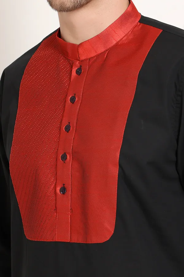Black_Cotton_Blend_Base_With_Red_Textured_Detail_Kurta_For_Men