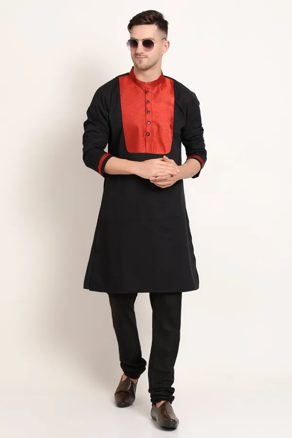 Black_Cotton_Blend_Base_With_Red_Textured_Detail_Kurta_For_Men