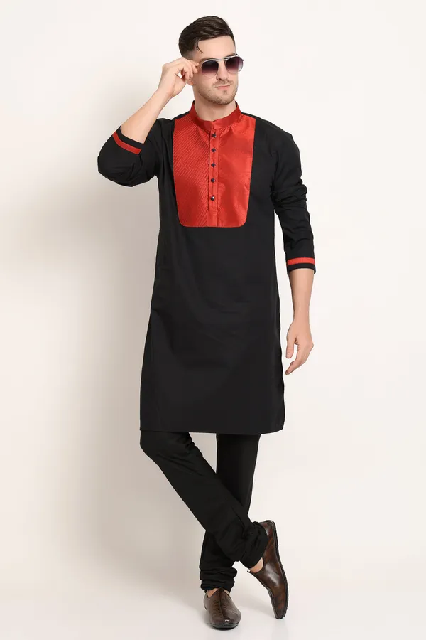 Black_Cotton_Blend_Base_With_Red_Textured_Detail_Kurta_For_Men
