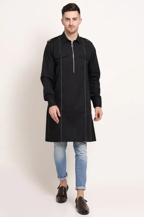 Black_Cotton_Urban_Zip_Kurta_With_Silver_Stitch_Detail_For_Men