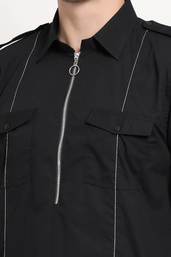 Black_Cotton_Urban_Zip_Kurta_With_Silver_Stitch_Detail_For_Men