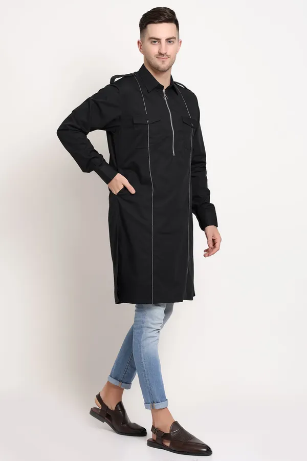 Black_Cotton_Urban_Zip_Kurta_With_Silver_Stitch_Detail_For_Men