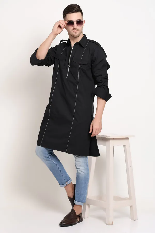 Black_Cotton_Urban_Zip_Kurta_With_Silver_Stitch_Detail_For_Men