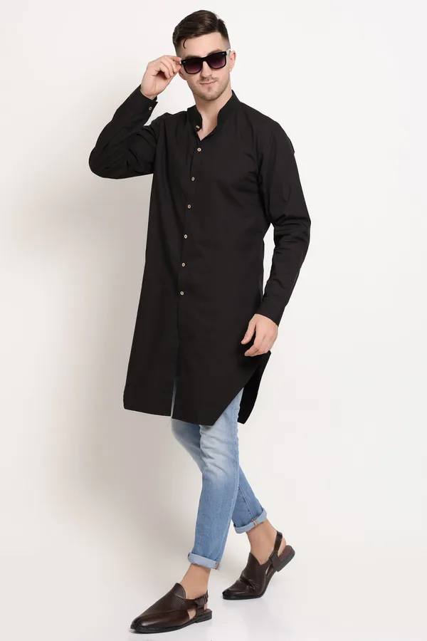 Black_Cotton_Kurta_With_Wooden_Button_Charm_For_Men