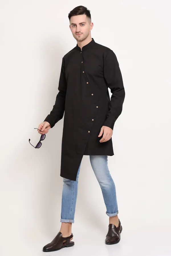 Black_Cotton_Blend_Diagonal_Monarch_Kurta_With_Gold_Button_Trail_For_Men