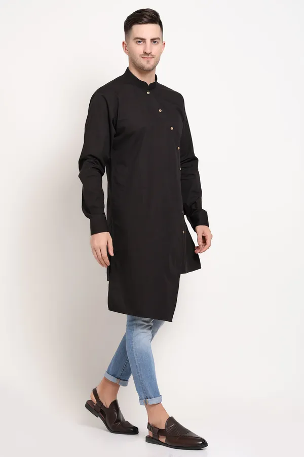 Black_Cotton_Blend_Diagonal_Monarch_Kurta_With_Gold_Button_Trail_For_Men