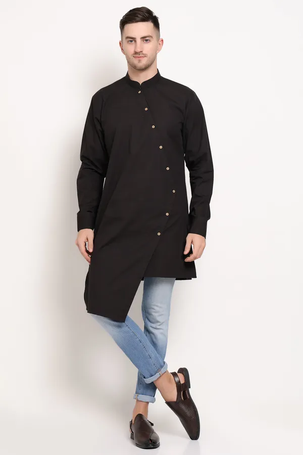Black_Cotton_Blend_Diagonal_Monarch_Kurta_With_Gold_Button_Trail_For_Men