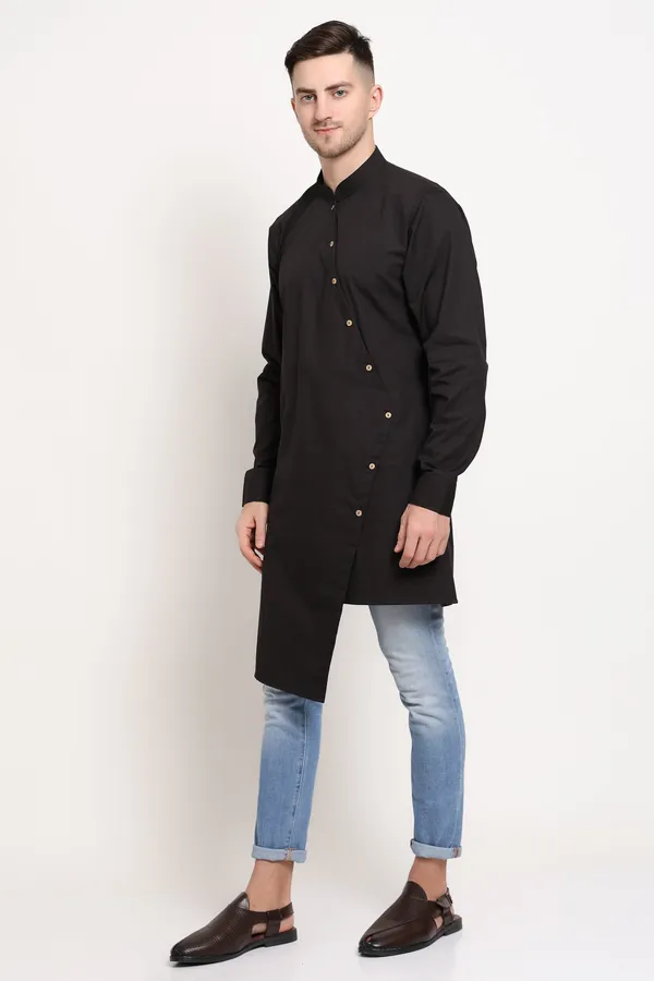 Black_Cotton_Blend_Diagonal_Monarch_Kurta_With_Gold_Button_Trail_For_Men