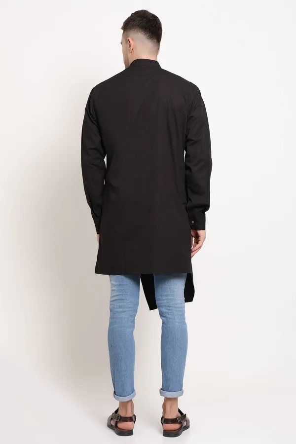 Black_Cotton_Blend_Diagonal_Monarch_Kurta_With_Gold_Button_Trail_For_Men