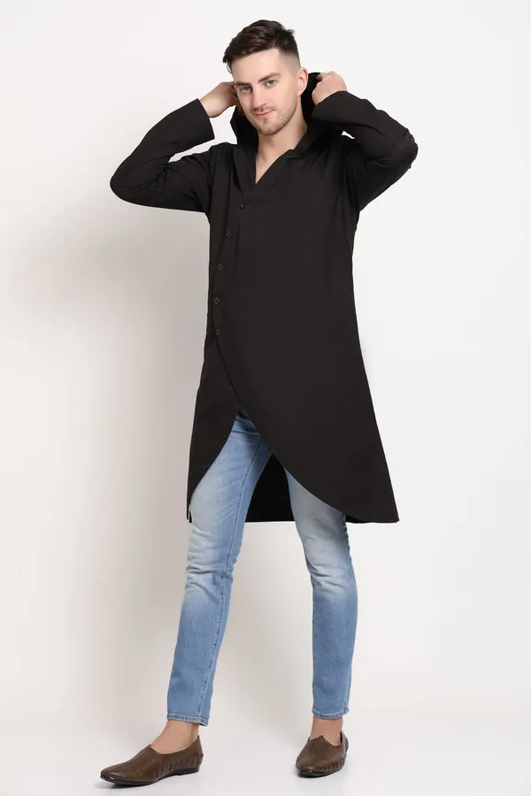 Black_Cotton_Asymmetric_Hooded_Kurta_With_Diagonal_Button_For_Men