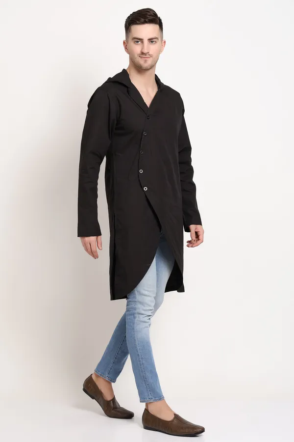 Black_Cotton_Asymmetric_Hooded_Kurta_With_Diagonal_Button_For_Men