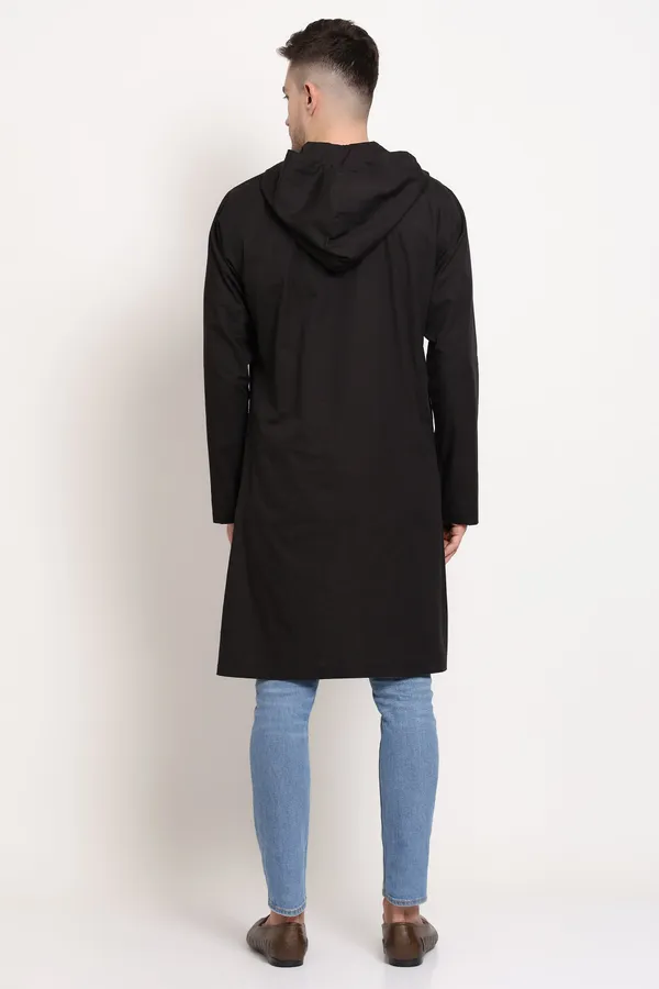 Black_Cotton_Asymmetric_Hooded_Kurta_With_Diagonal_Button_For_Men