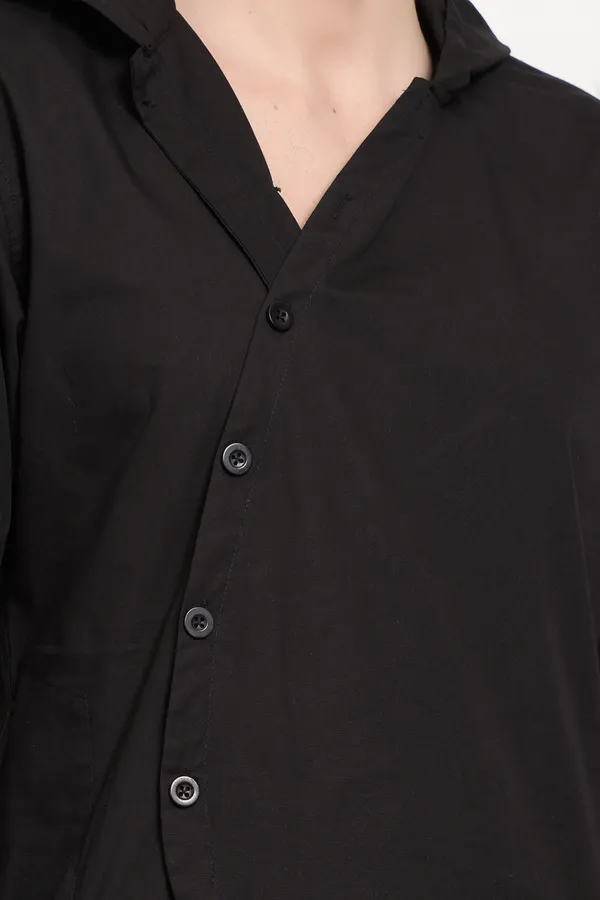 Black_Cotton_Asymmetric_Hooded_Kurta_With_Diagonal_Button_For_Men