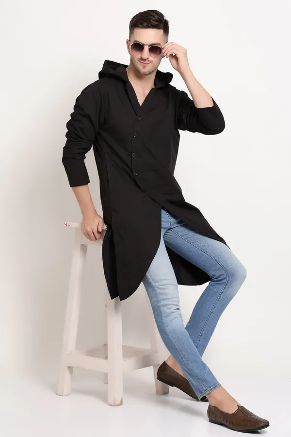Black_Cotton_Asymmetric_Hooded_Kurta_With_Diagonal_Button_For_Men