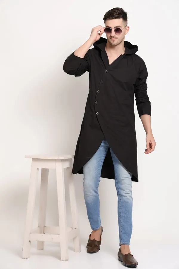 Black_Cotton_Asymmetric_Hooded_Kurta_With_Diagonal_Button_For_Men
