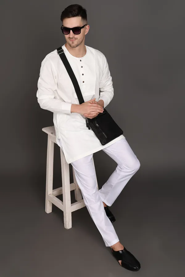 White_Cotton_Classic_Short_Kurta_For_Men