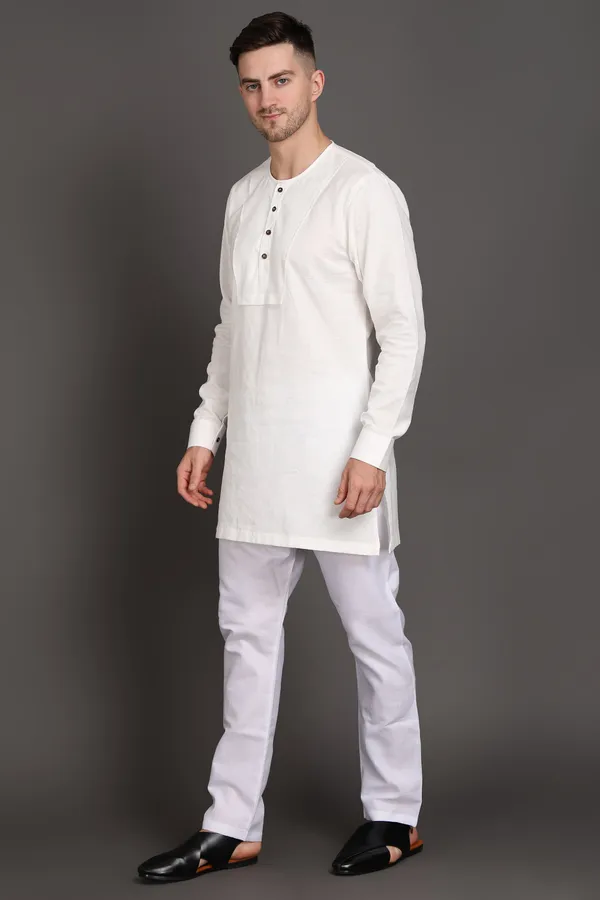 White_Cotton_Classic_Short_Kurta_For_Men