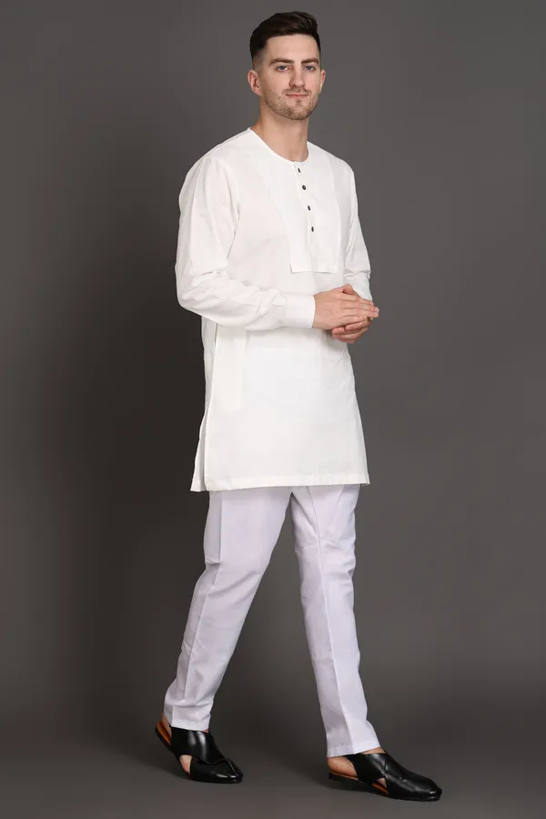 White_Cotton_Classic_Short_Kurta_For_Men