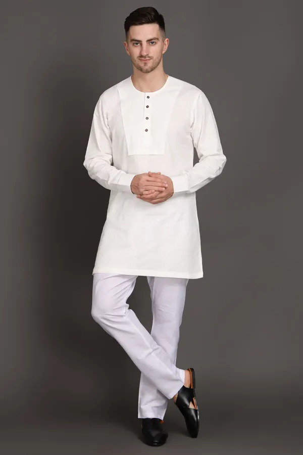 White_Cotton_Classic_Short_Kurta_For_Men
