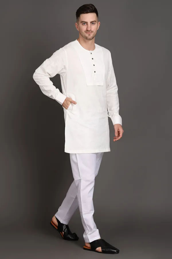 White_Cotton_Classic_Short_Kurta_For_Men