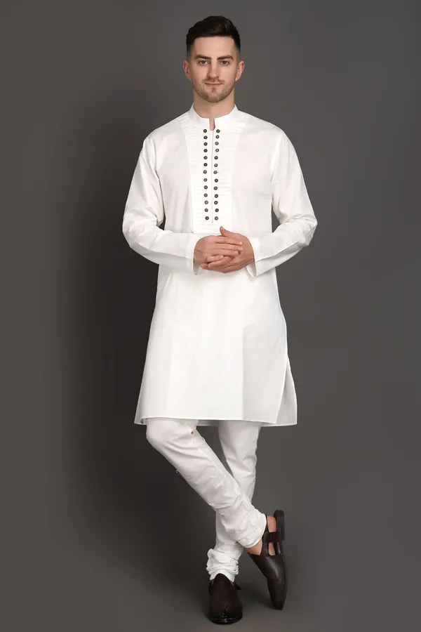 White_Cotton_Pleated_Kurta_With_Wooden_Button_Detailing_For_Men