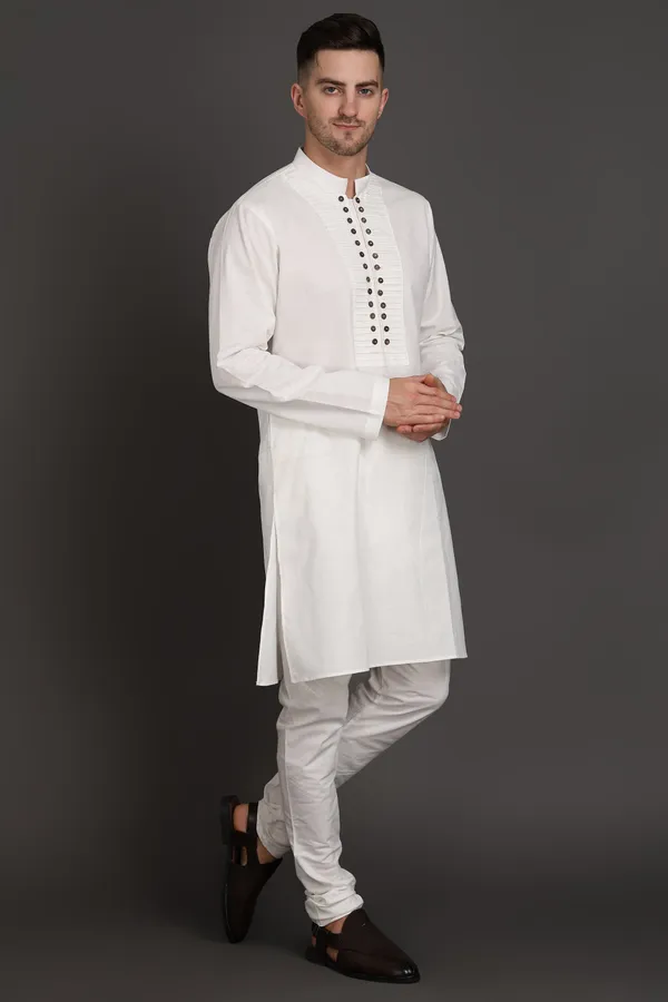 White_Cotton_Pleated_Kurta_With_Wooden_Button_Detailing_For_Men