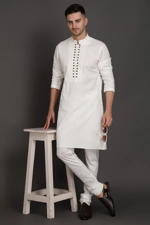 White_Cotton_Pleated_Kurta_With_Wooden_Button_Detailing_For_Men