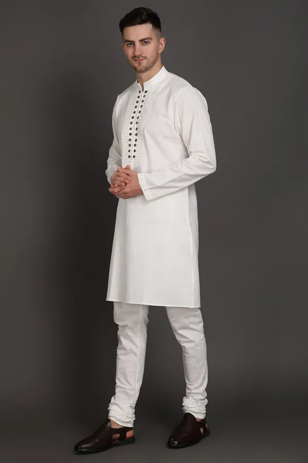 White_Cotton_Pleated_Kurta_With_Wooden_Button_Detailing_For_Men
