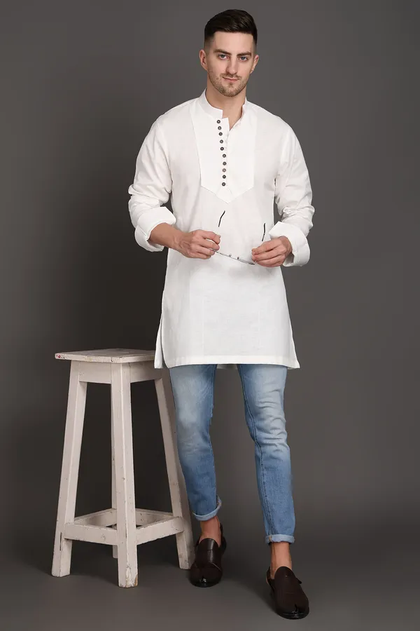 White_Cotton_Short_Kurta_With_Wooden_Button_Detailing_For_Men
