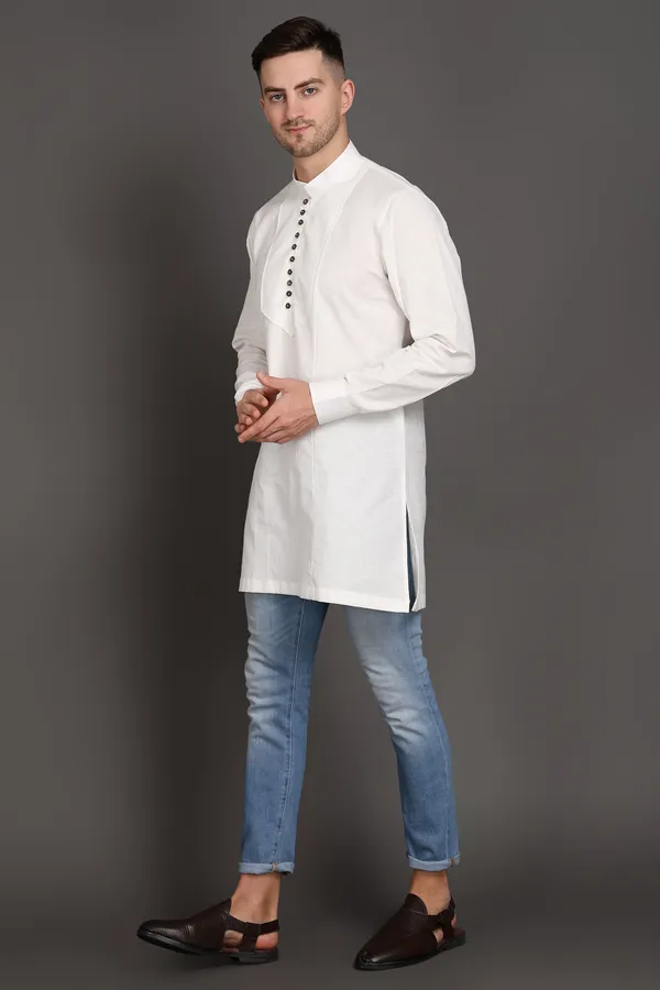 White_Cotton_Short_Kurta_With_Wooden_Button_Detailing_For_Men