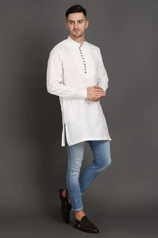 White_Cotton_Short_Kurta_With_Wooden_Button_Detailing_For_Men