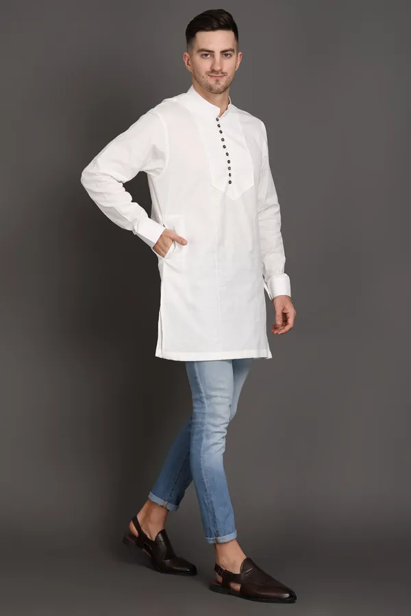 White_Cotton_Short_Kurta_With_Wooden_Button_Detailing_For_Men