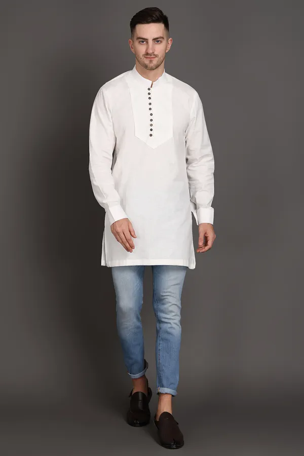 White_Cotton_Short_Kurta_With_Wooden_Button_Detailing_For_Men