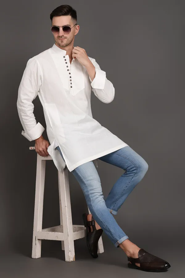 White_Cotton_Short_Kurta_With_Wooden_Button_Detailing_For_Men