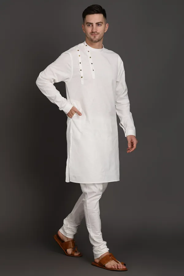 White_Cotton_Blend_Ivory_Ascent_Shoulder_Button_Kurta_For_Men
