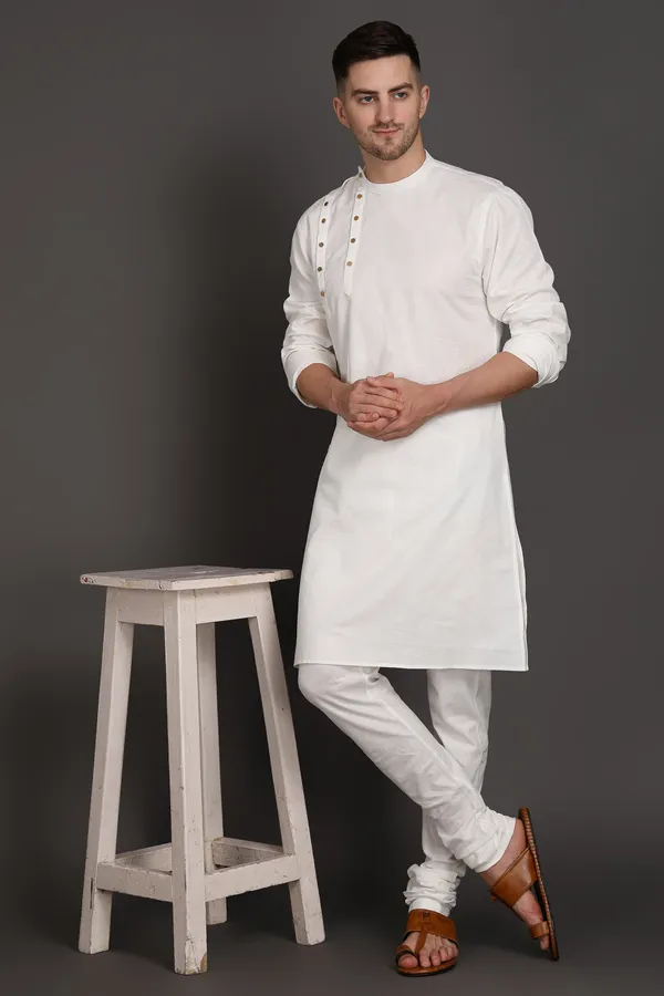 White_Cotton_Blend_Ivory_Ascent_Shoulder_Button_Kurta_For_Men