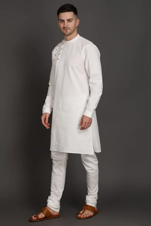White_Cotton_Blend_Ivory_Ascent_Shoulder_Button_Kurta_For_Men