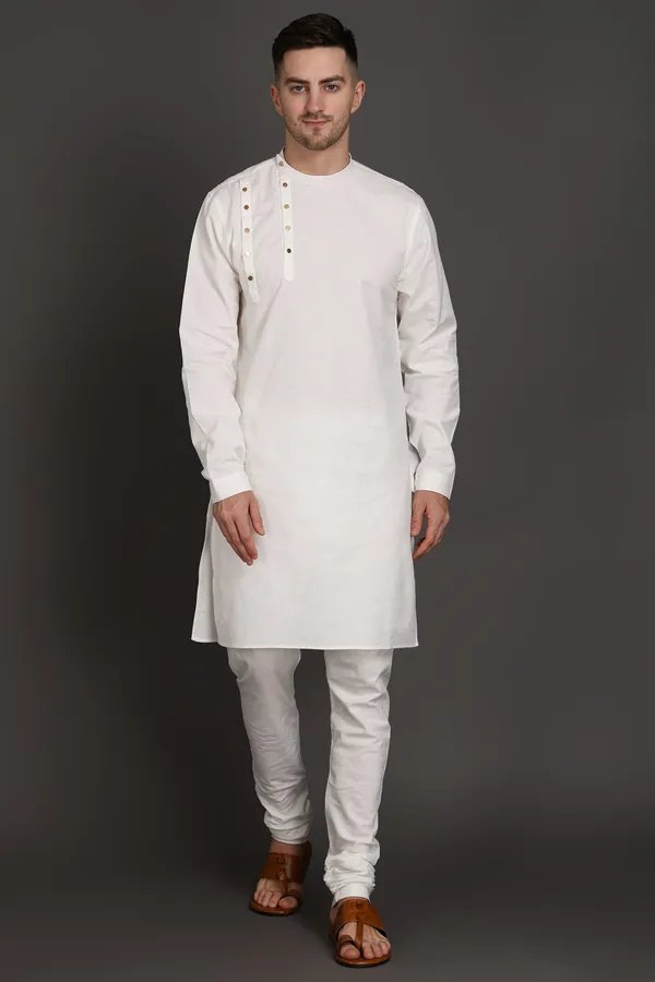 White_Cotton_Blend_Ivory_Ascent_Shoulder_Button_Kurta_For_Men