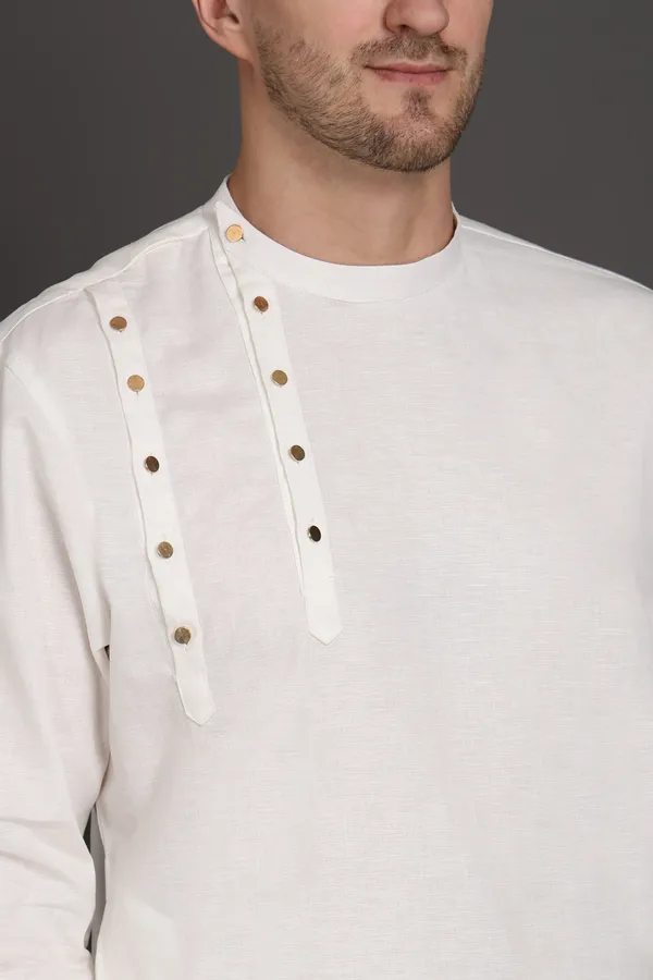 White_Cotton_Blend_Ivory_Ascent_Shoulder_Button_Kurta_For_Men
