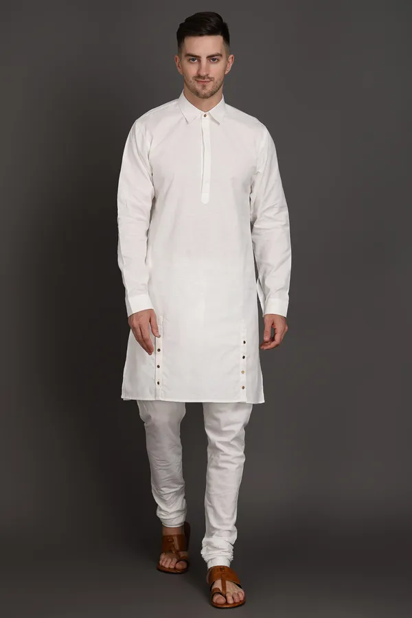 White_Cotton_Blend_Ivory_Edge_Side_Button_Kurta_For_Men