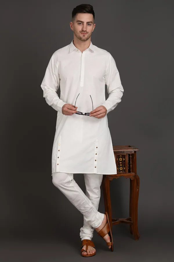 White_Cotton_Blend_Ivory_Edge_Side_Button_Kurta_For_Men
