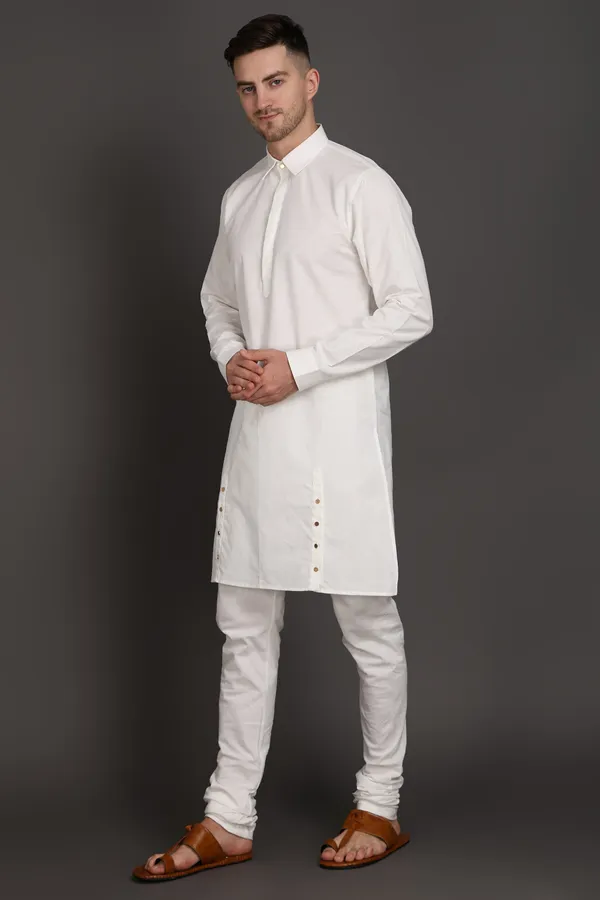 White_Cotton_Blend_Ivory_Edge_Side_Button_Kurta_For_Men