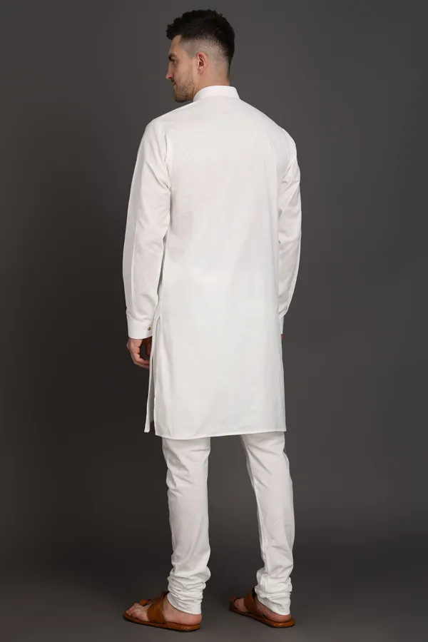White_Cotton_Blend_Ivory_Edge_Side_Button_Kurta_For_Men